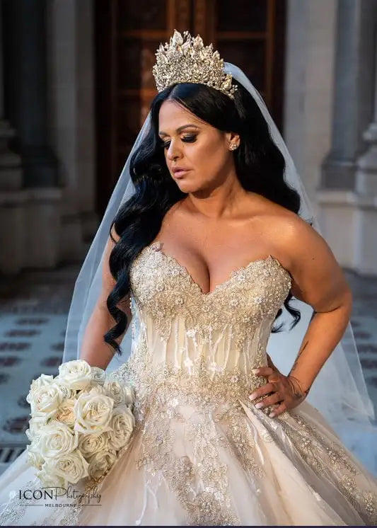 Real bride Michelle wearing wear custom wedding crown.