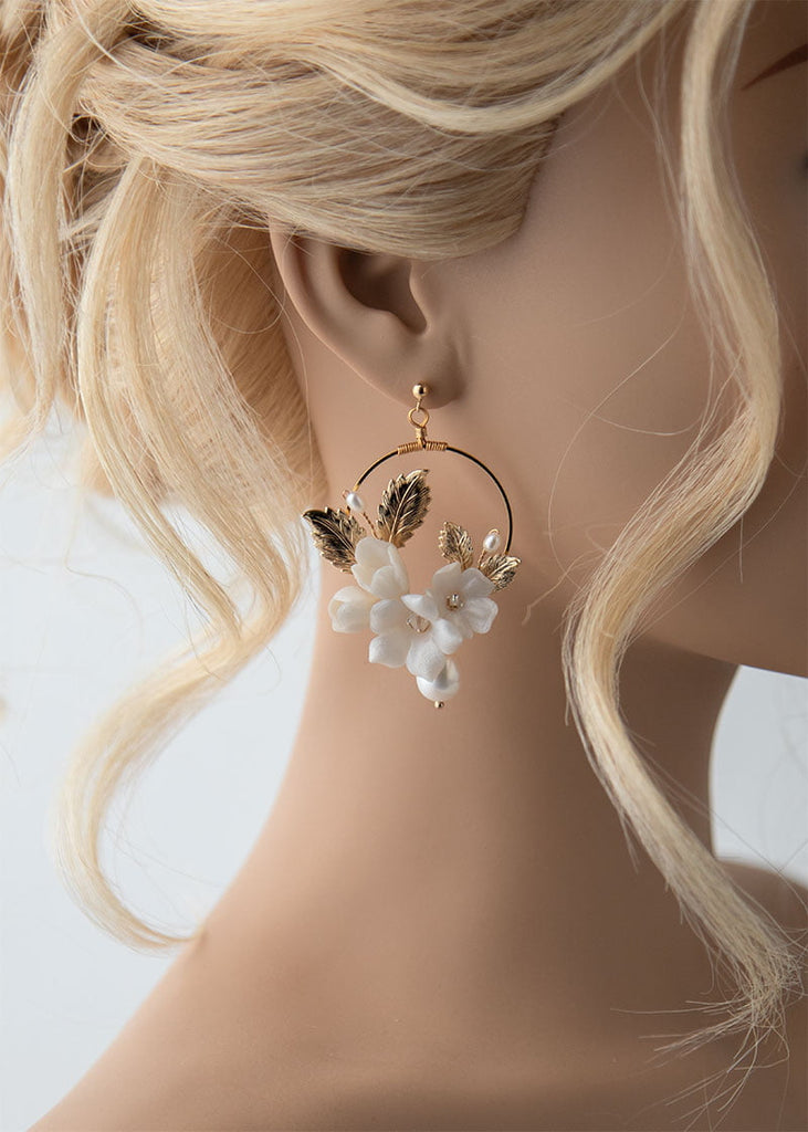 Azalea floral earrings with freshwater pearls