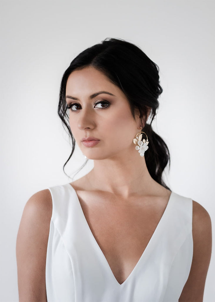 Azalea floral earrings with freshwater pearls