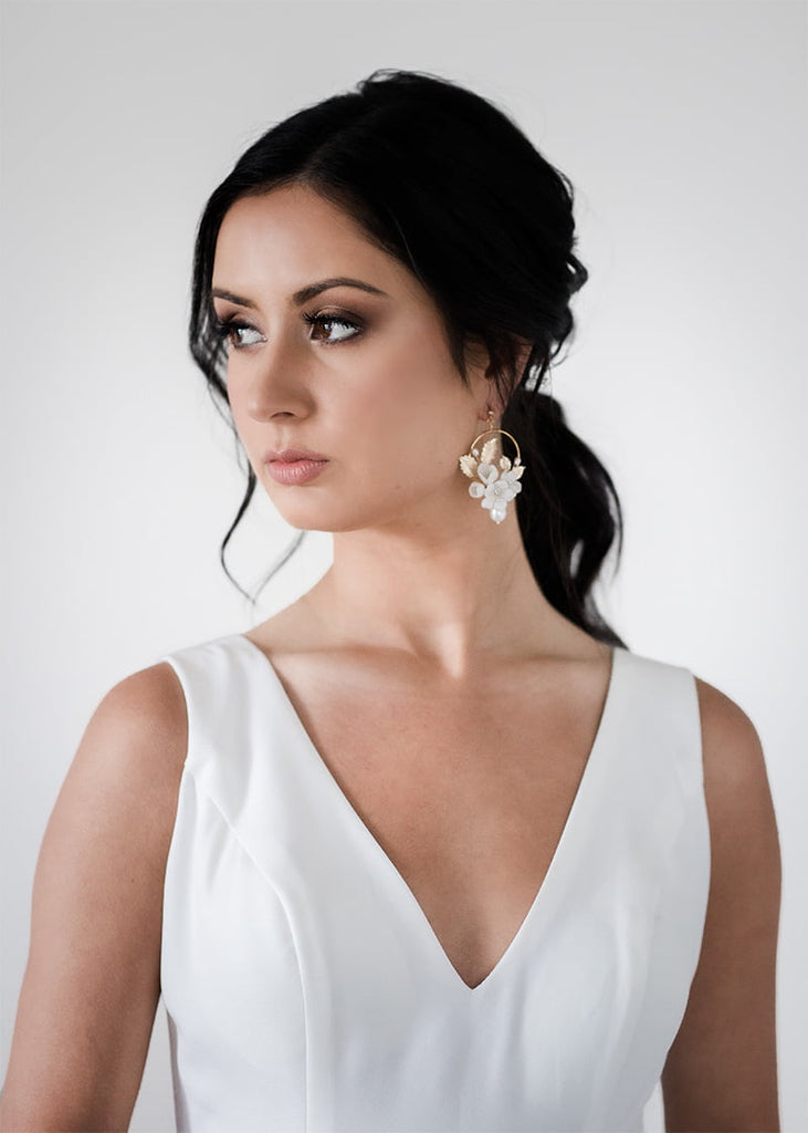 Wedding earrings Azalea with pretty handmade flower and pearls.