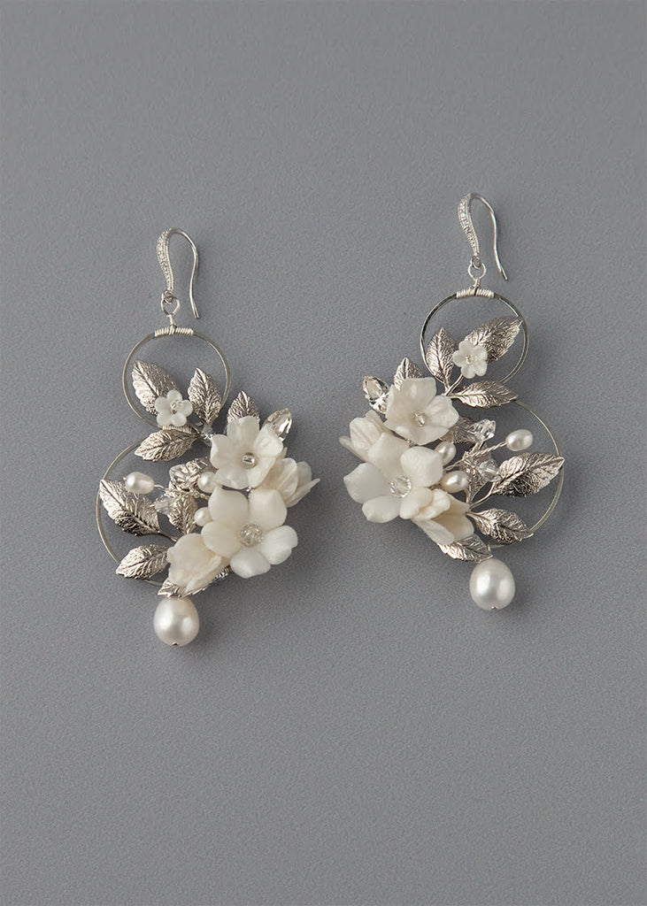 Blaise floral silver wedding earrings