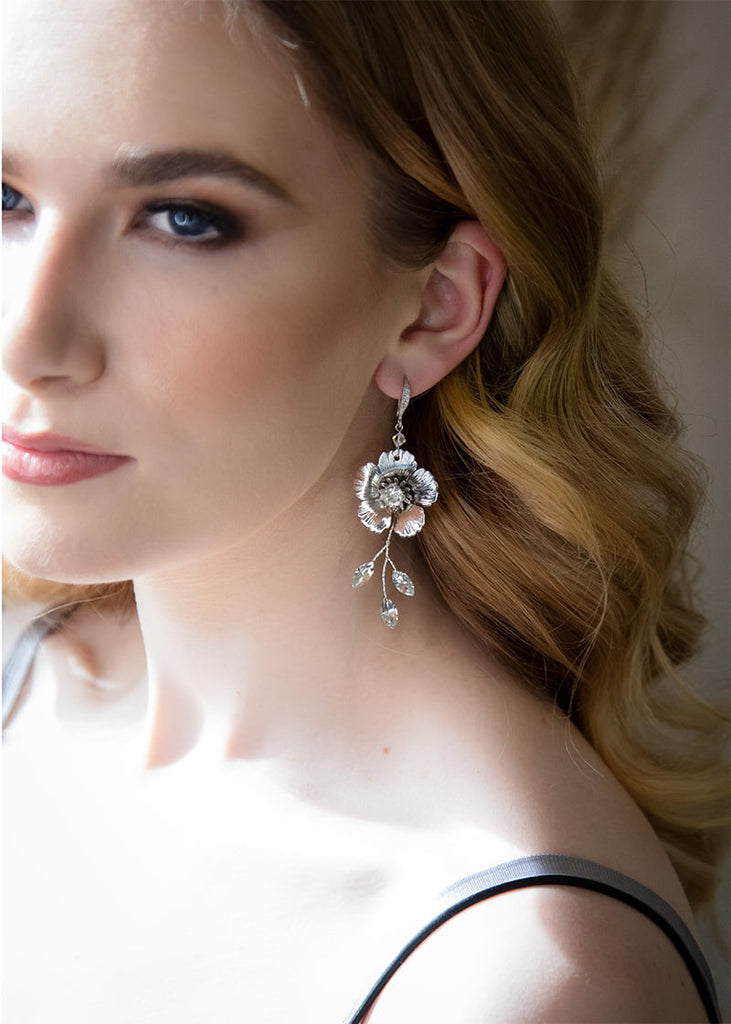 Wedding CZ hook earrings with metal flowers and with rhinestone drops