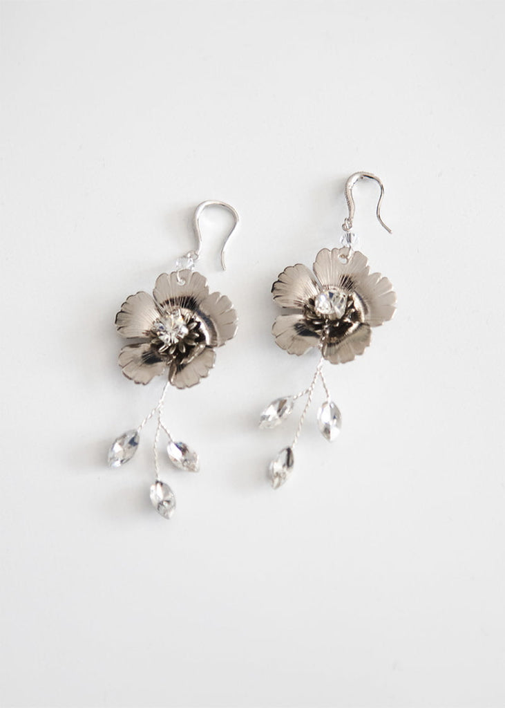 Metal flower wedding earrings with three navette shaped rhinestone to the bottom