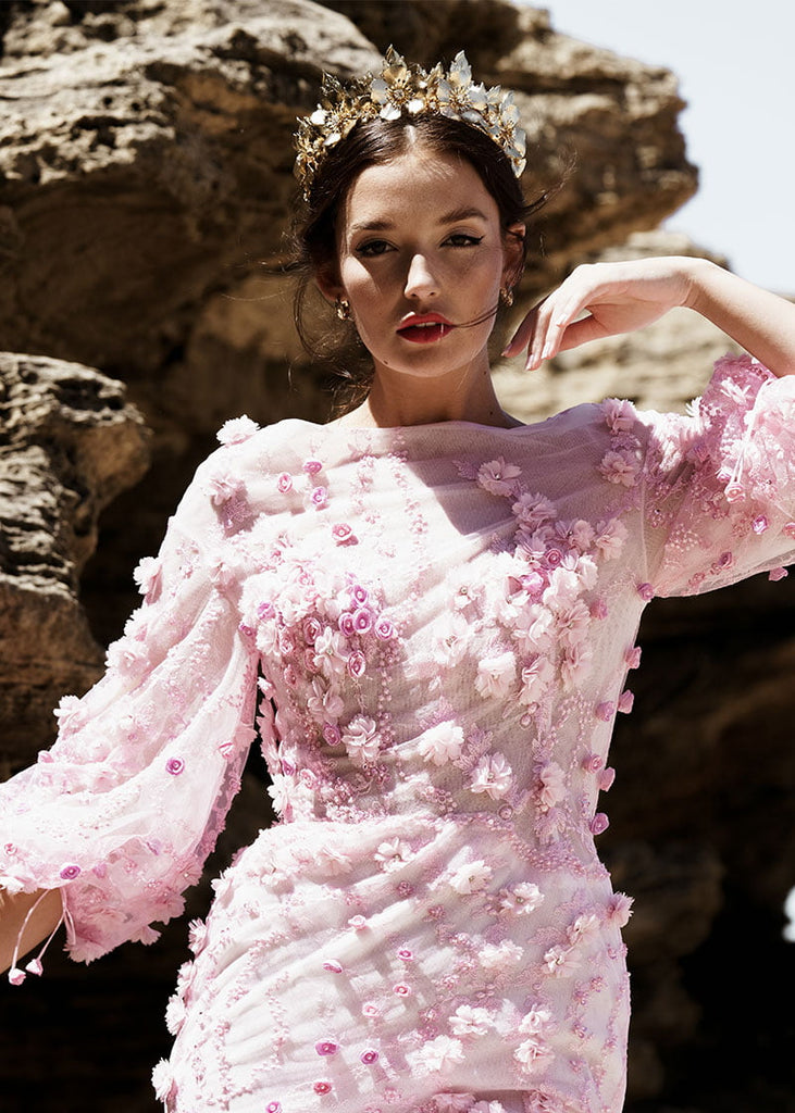 Catarina wedding crown with large statement flowers and big leaves.