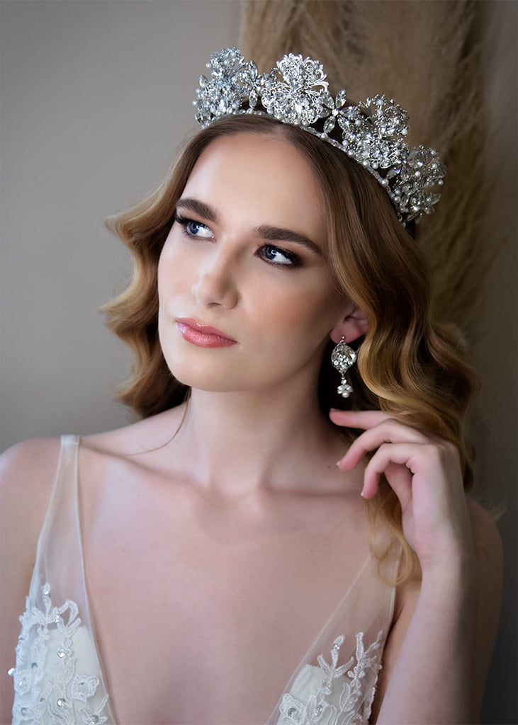 Everleigh silver crown with lots of rhinestones and small pearls