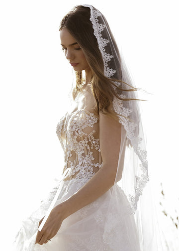 Florence lace edge mantilla single tier wedding veil.