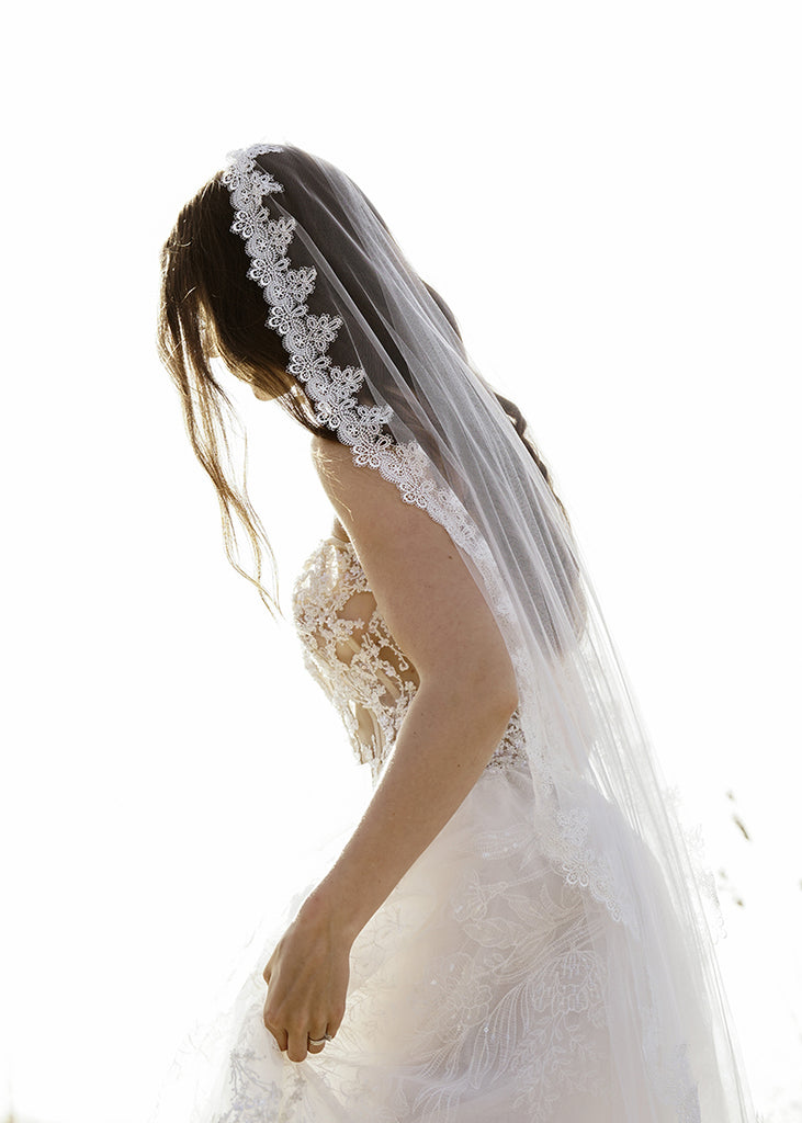 Florence lace edge mantilla single tier wedding veil.