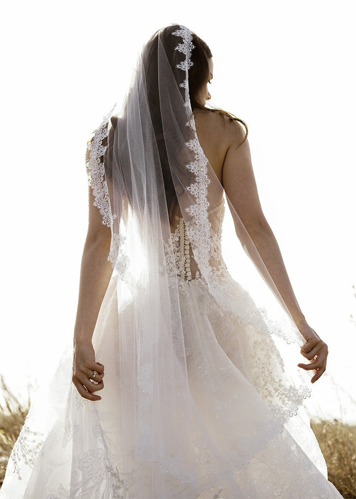 Florence lace edge mantilla single tier wedding veil.