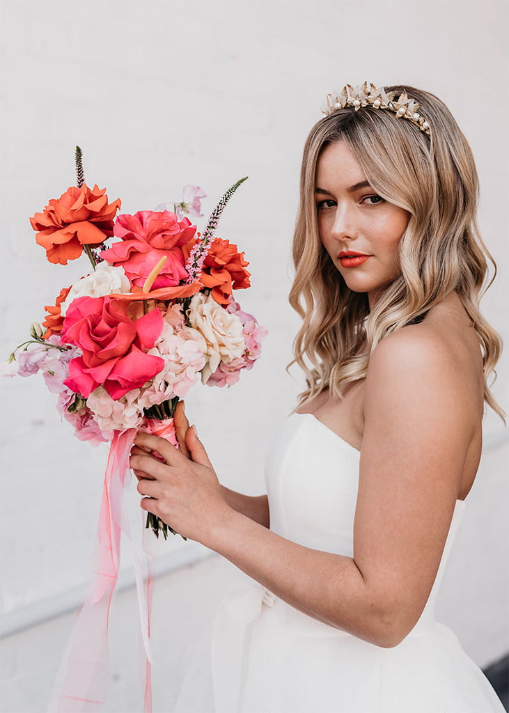 Kiara pearls and leave wedding crown