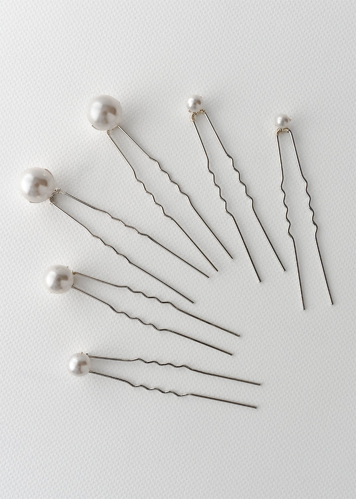 6 pearl pins in different size ranging from 5mm to 12mm - Marilyn wedding hair pins