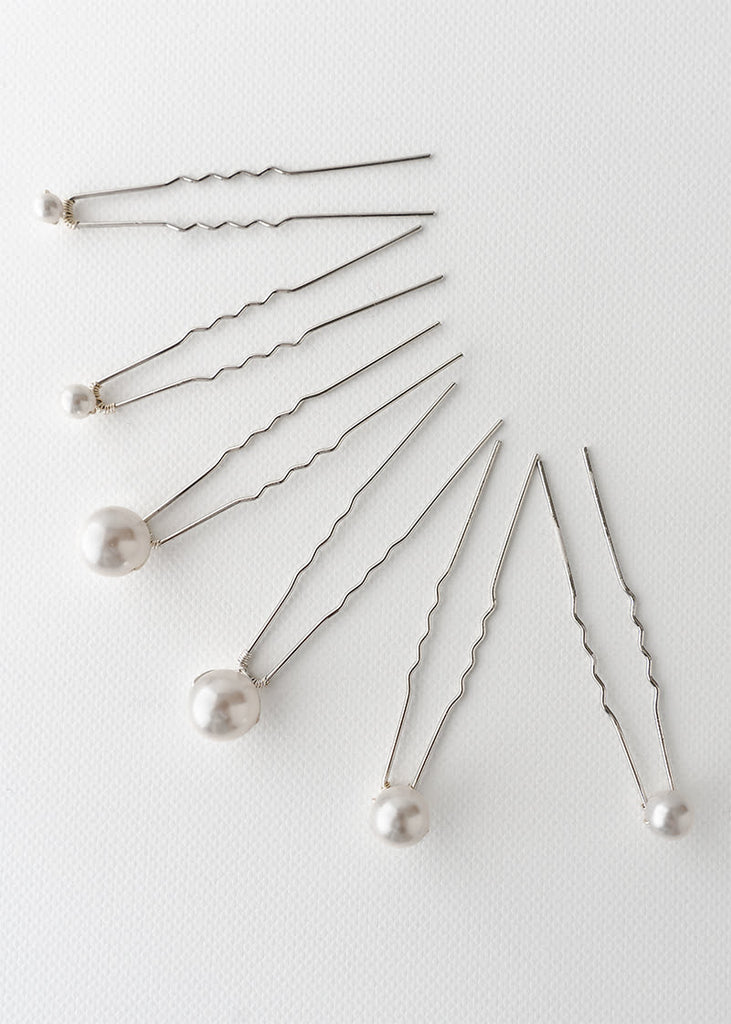 6 pearl pins in different size ranging from 5mm to 12mm - Marilyn wedding hair pins