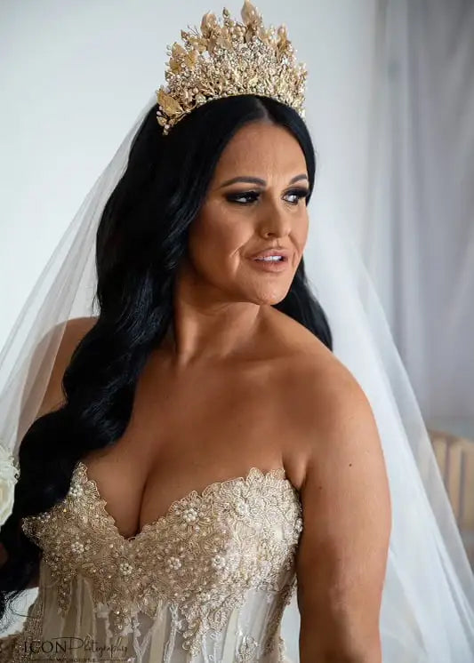 Close up of Michelle wearing her custom wedding crown.