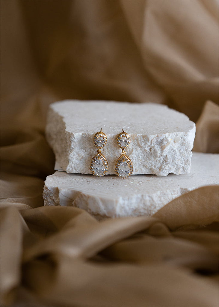 Nicola crystal bridal earrings in a tear drop shape.