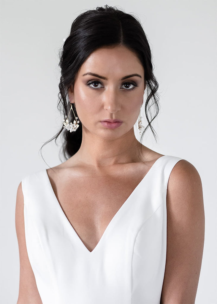 Olivia earrings for brides with floral details at the bottom