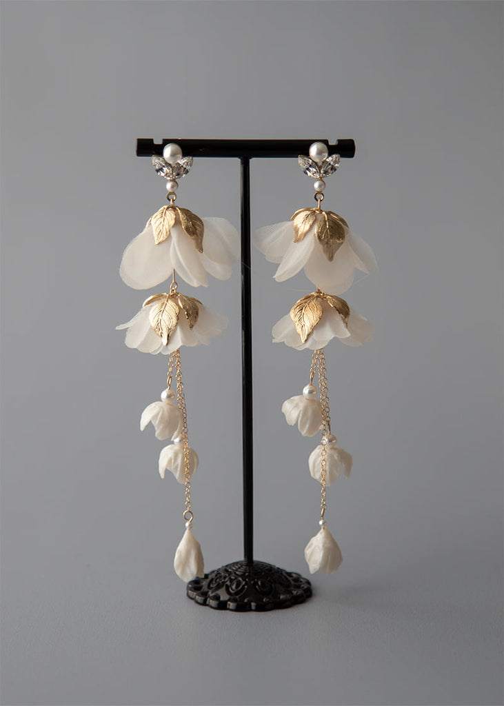 Bridal Earrings Sienna are a silk flower bridal design in a long drop .