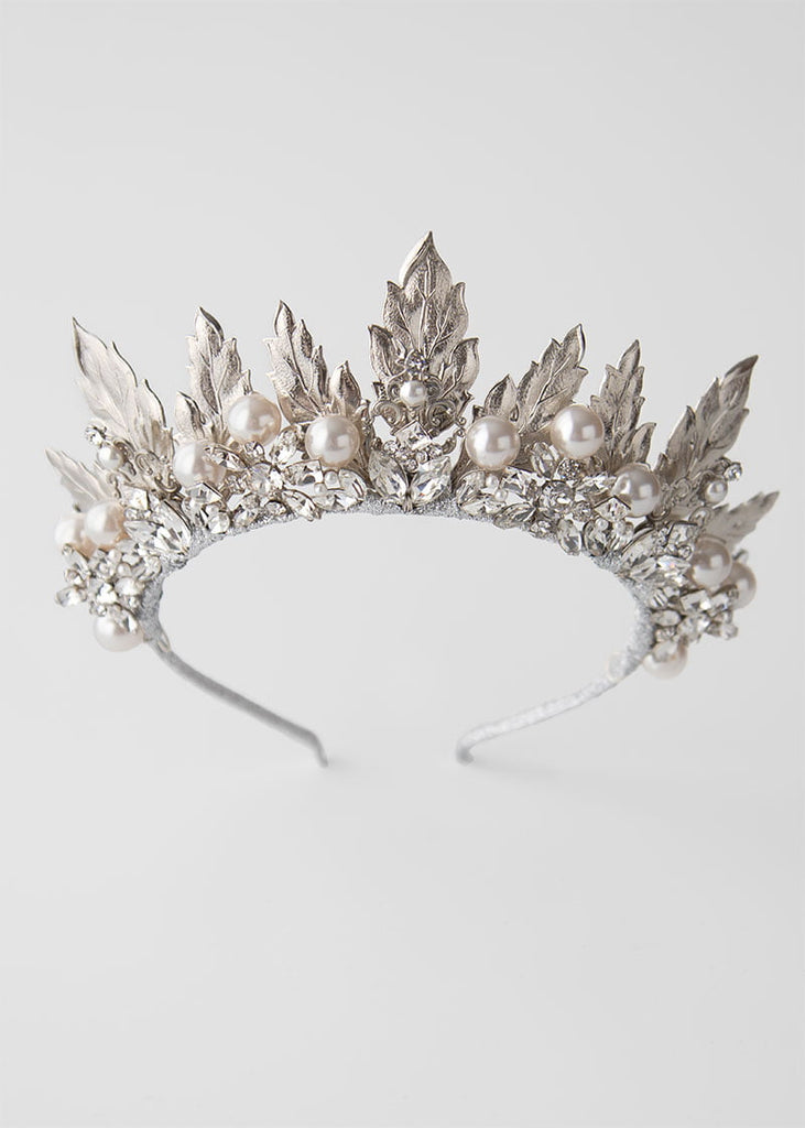 Stella Wedding Crown with large pearls and big leaves